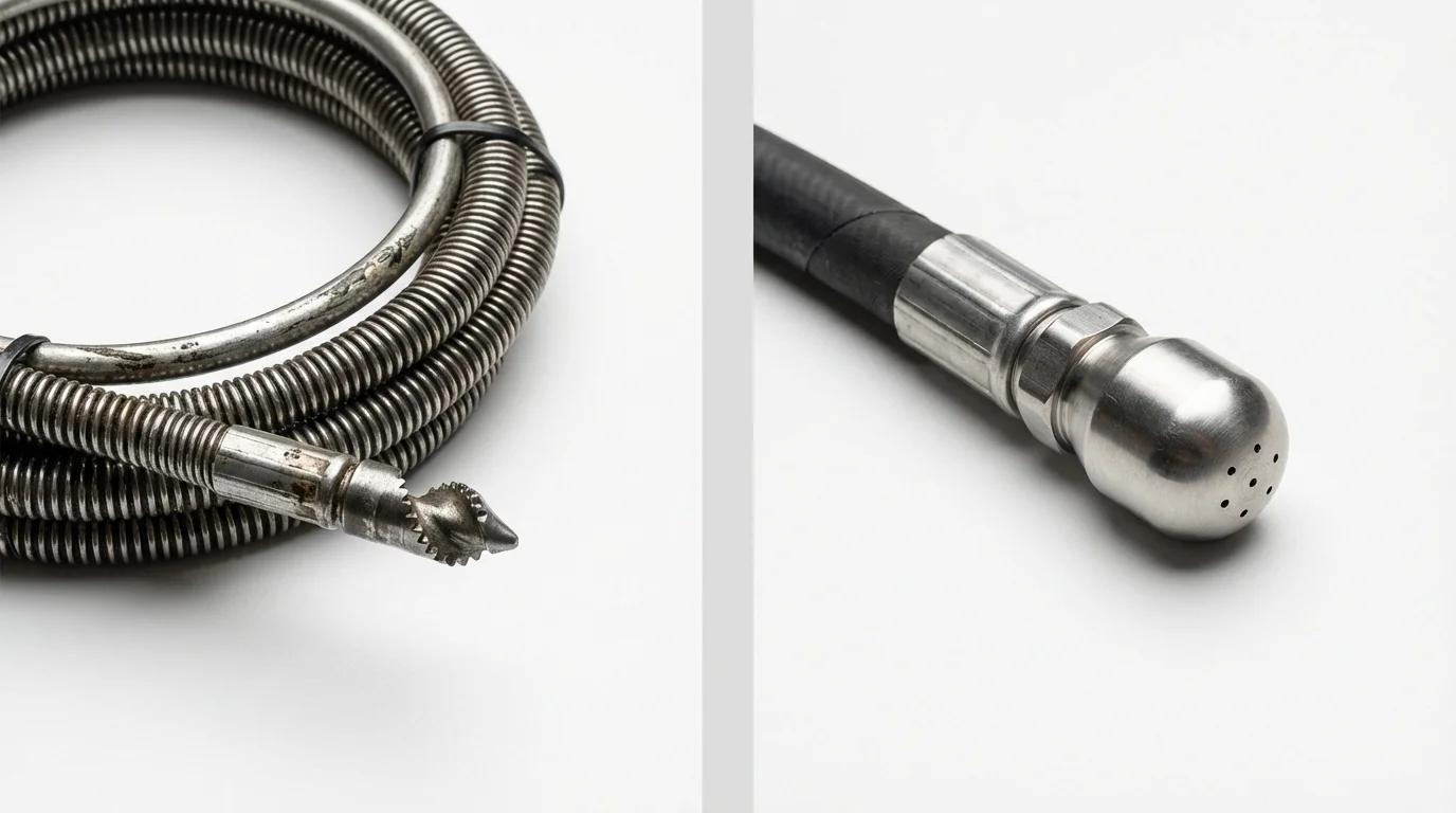 Drain snake cable and hydro jetting nozzle used for drain cleaning in Baldwin, GA