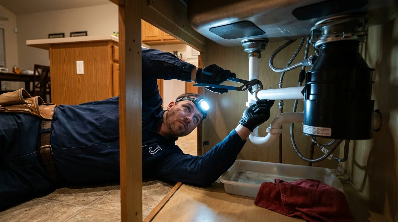 P-trap and supply line connections under a kitchen sink showing a common leak point in Baldwin, GA
